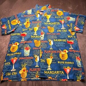 Vtg Barefoot in Paradise Hawaiian Shirt Men 4XL Blue Cocktail Recipe Novelty USA